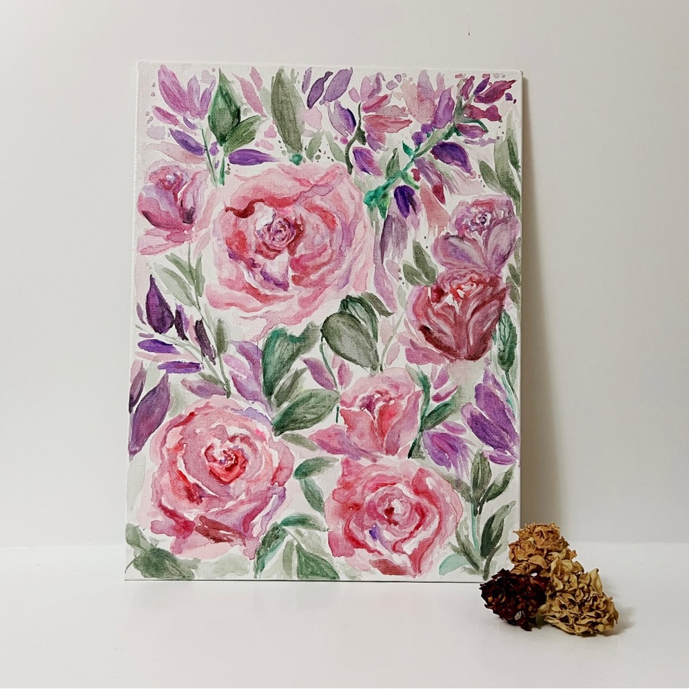 HANDPAINTED ROSE & FLORAL WATERCOLOUR PAINTING ON FLAT CANVAS